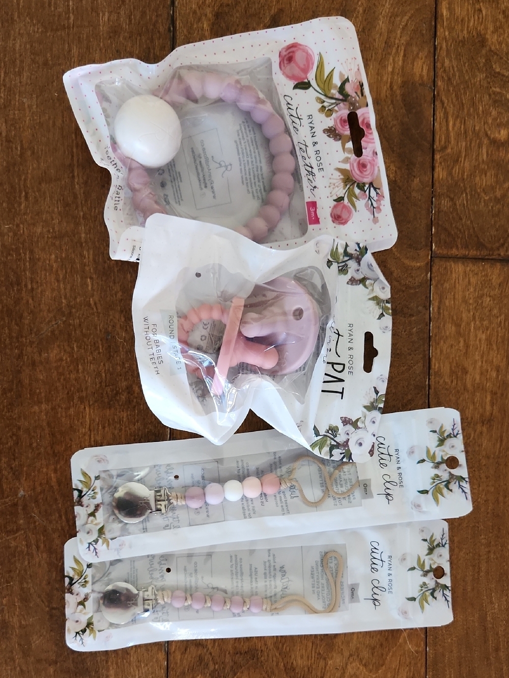 RYAN & ROSE Baby Teething & Pacifier Set with Pink & Purple Beaded Clips